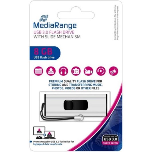 Unidad flash USB MediaRange MR914 8 GB USB tipo A 3.2 Gen 1 deslizante negro plata