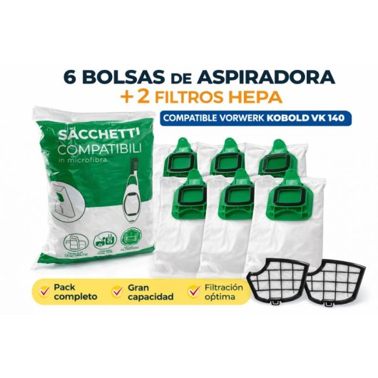 Recamania Kit 12 Bolsas Aspiradora Compatible Vorwerk Kobold Vk140 Vk150 + 2 Filtros