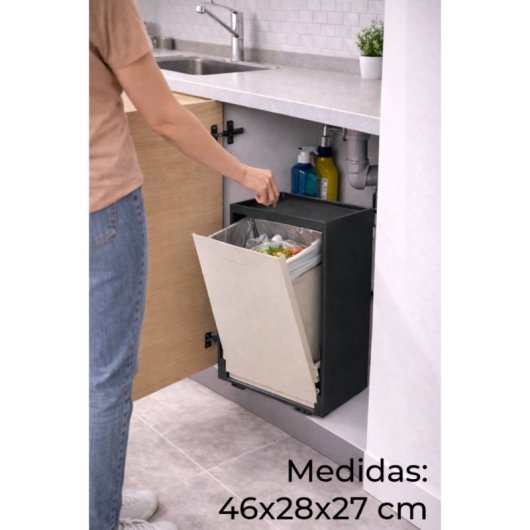 Cubo Apilable De Reciclaje De Plástico Con Apertura Frontal - Color Beige - Medidas: 46x28x27 Cm