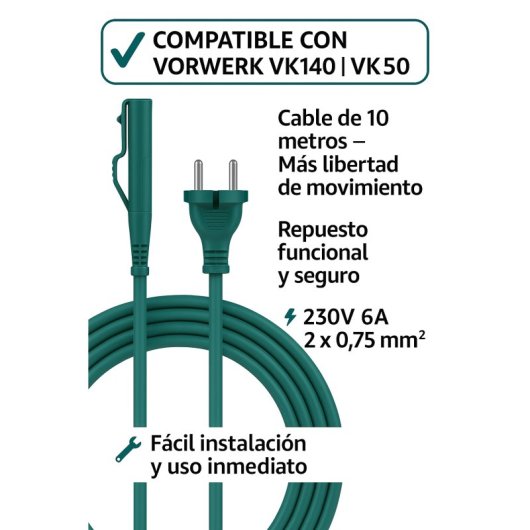 Cable Para Aspiradora De 10m Compatible Con Vorwerk Kobold Vk140 Y Vk150