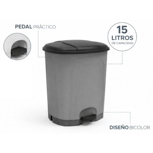 Cubo De Basura Cocina De Plástico Con Pedal | Color Gris | Capacidad: 15 Litros | Tapa Color Negro
