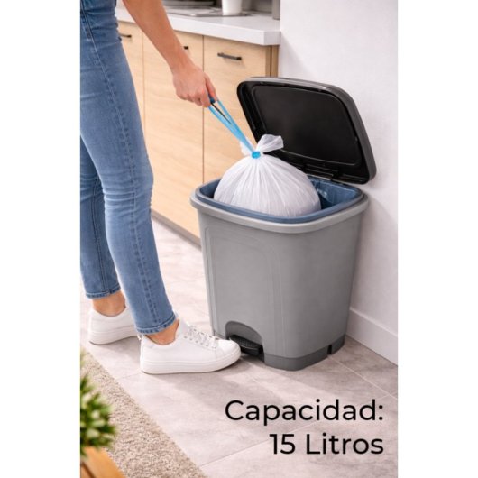 Cubo De Basura Cocina De Plástico Con Pedal | Color Gris | Capacidad: 15 Litros | Tapa Color Negro