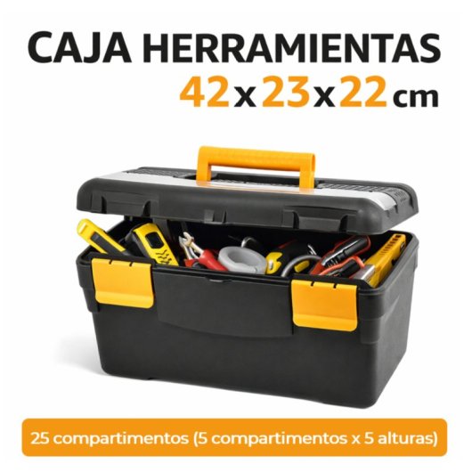 Caja Herramientas De Plástico Con Asa | Color Negro Y Amarillo | Medidas: 42x23x22 Cm