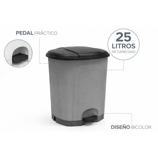Cubo De Basura Cocina De Plástico Con Pedal | Color Gris | Capacidad: 25 Litros | Tapa Color Negro