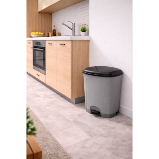 Cubo De Basura Cocina De Plástico Con Pedal | Color Gris | Capacidad: 25 Litros | Tapa Color Negro