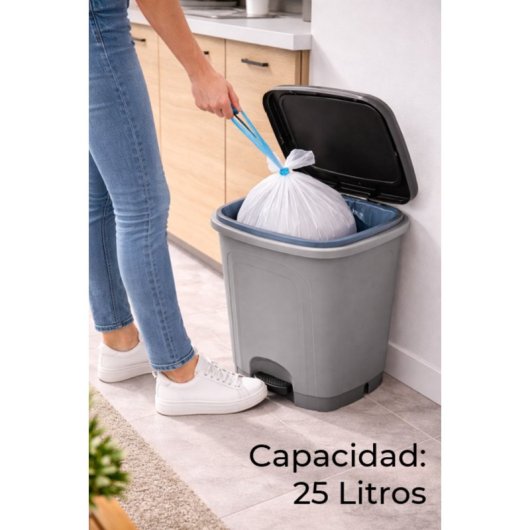 Cubo De Basura Cocina De Plástico Con Pedal | Color Gris | Capacidad: 25 Litros | Tapa Color Negro
