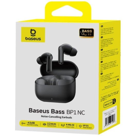 Auricolari Baseus Bass BP1 NC wireless con cancellazione rumore, 55h autonomia, IP55 nero