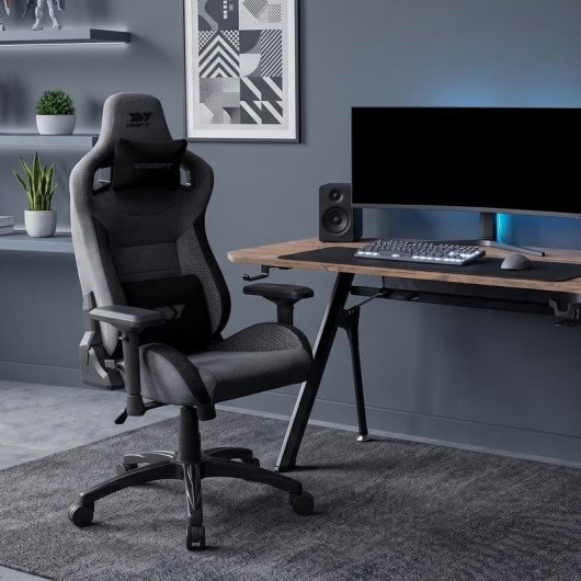 Cadeira gaming Drift DR220 tecido cinza escuro apoios 4D almofadas lombar