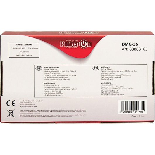 Scheda di Rete Inter-Tech DMG-36 PCI Express 5400 Mbit/s Wi-Fi 6 Tribanda Bluetooth 5.2