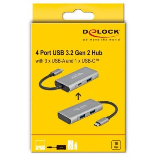 Hub DeLOCK 4 Ports 10 Gbps USB 3.2 Gen 2 Type-C und Type-A kompakt