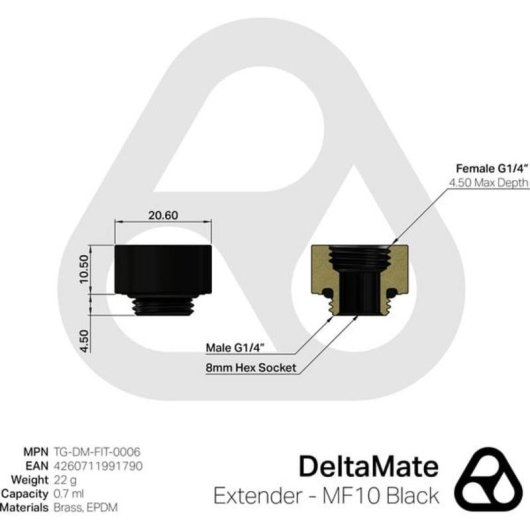 Extensor DeltaMate Thermal Grizzly con rosca G1/4" negro mate 10 mm