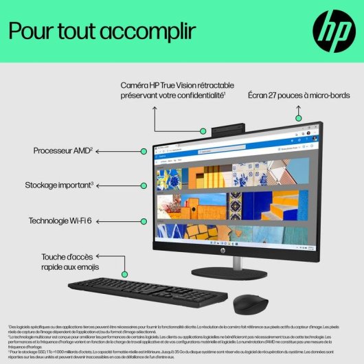 PC Tout-en-un HP 27-cr0074nf AMD Ryzen 7 7730U 16Go 512Go SSD Radeon 27" Windows 11 Home Blanc