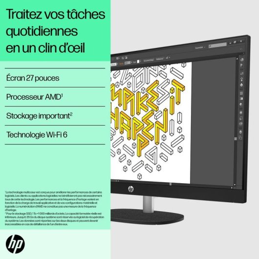 PC Tout-en-un HP 27-cr0074nf AMD Ryzen 7 7730U 16Go 512Go SSD Radeon 27" Windows 11 Home Blanc