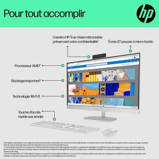 PC Tout-en-un HP 27-cr0074nf AMD Ryzen 7 7730U 16Go 512Go SSD Radeon 27" Windows 11 Home Blanc