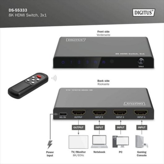 HDMI Switch Digitus 8K 3x1 60Hz HDR USB-C