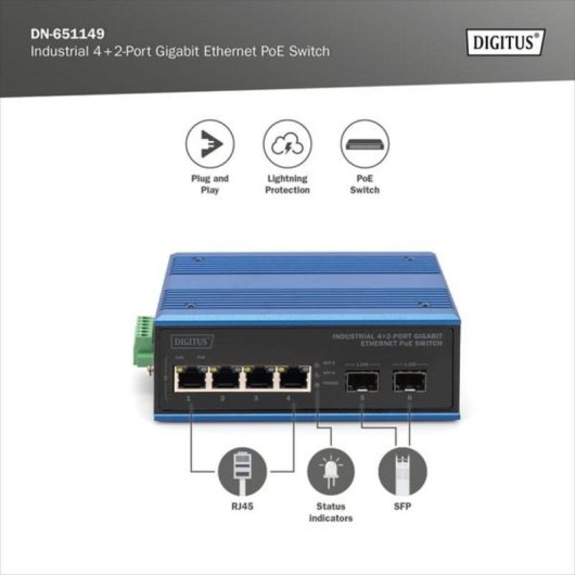 Conmutador PoE Gigabit Ethernet Industrial Digitus 4+2 Puertos