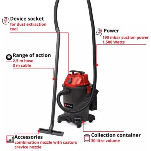 Aspirapolvere industriale Einhell TC-VC 1930 A 1500W 30L rosso/nero