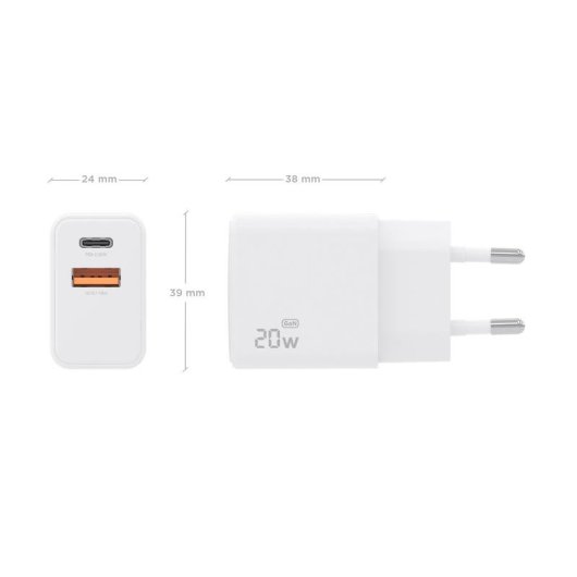 Cargador GaN Aisens 20W USB-C PD3.0 USB-A QC3.0 Blanco