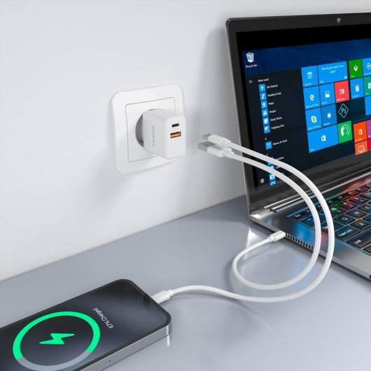 Cargador GaN Aisens 20W USB-C PD3.0 USB-A QC3.0 Blanco