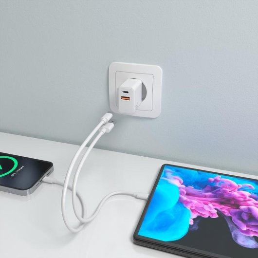 Cargador GaN Aisens 20W USB-C PD3.0 USB-A QC3.0 Blanco
