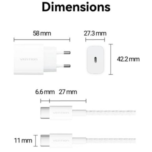 Cargador de pared Vention 20W USB-C PD con cable de 1m