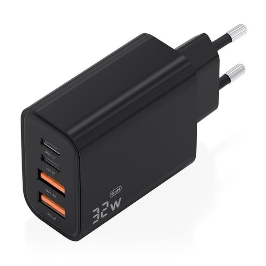 Carregador GaN Aisens 32W 2xUSB-C PD3.0 2xUSB-A Preto