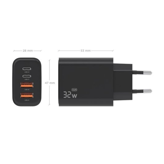 Carregador GaN Aisens 32W 2xUSB-C PD3.0 2xUSB-A Preto