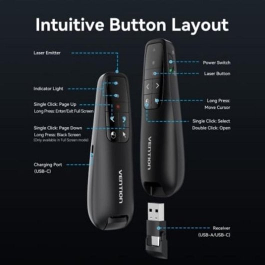 Presentador Inalámbrico Vention KQPB0-GL Air Mouse Láser Verde USB-C