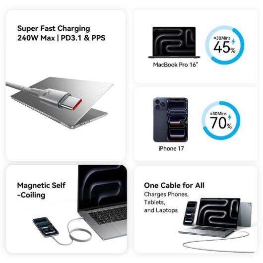Cable magnético USB-C Vention TSAOF 5A 240W 1m Naranja