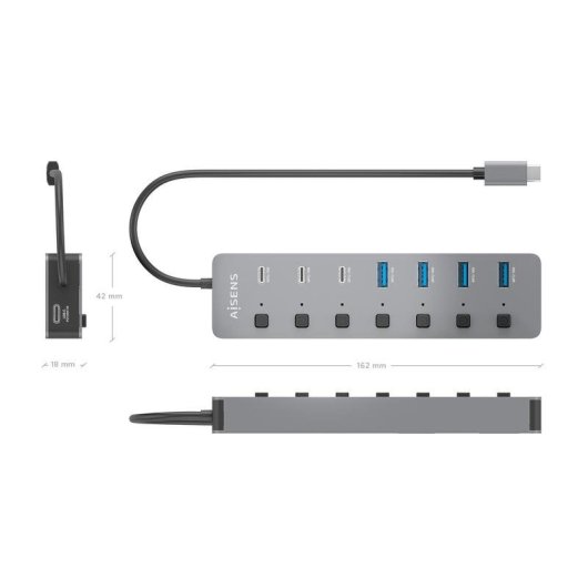 Hub Aisens 8 puertos USB 3.2 Gen2 10G ASUC-8P044-GR con PD 100W y botones