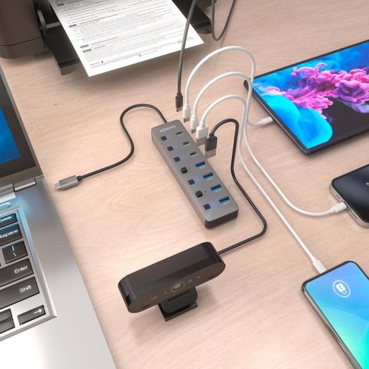 Hub Aisens 8 puertos USB 3.2 Gen2 10G ASUC-8P044-GR con PD 100W y botones