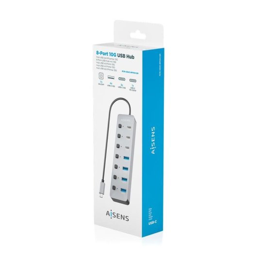 Hub Aisens 8 puertos USB 3.2 Gen2 10G ASUC-8P044-GR con PD 100W y botones