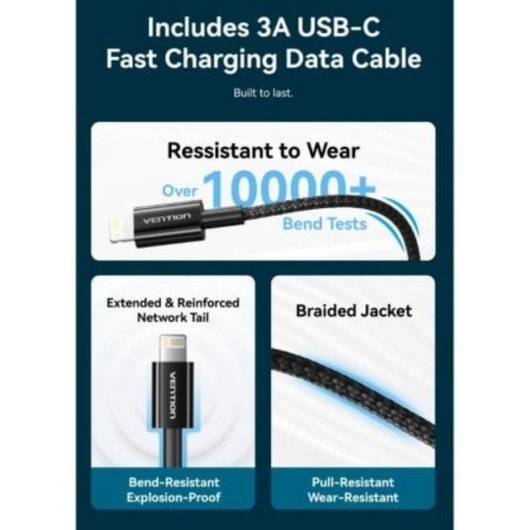 Cargador de pared Vention G17B0-EU 20W USB-C con cable Lightning Negro