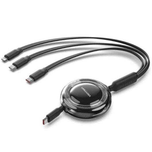 Cabo USB-C Retrátil Vention 3-em-1 100W 480Mbps 1,1m Preto
