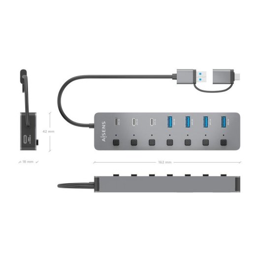 Hub Aisens 8 portas 5 Gbps USB3.1 Gen1 ASUC-8P043-GR com botões