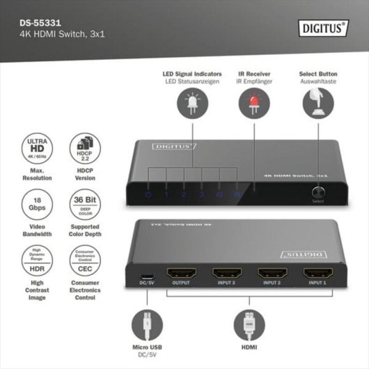 Commutatore HDMI 4K 3x1 Digitus HDR