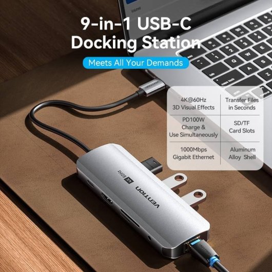 Estación de Acoplamiento USB-C Vention TQLHB 9 en 1 Gris