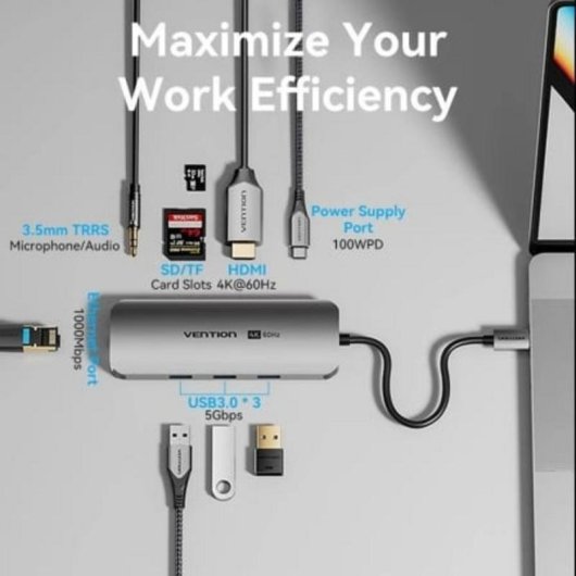 Estación de Acoplamiento USB-C Vention TQLHB 9 en 1 Gris