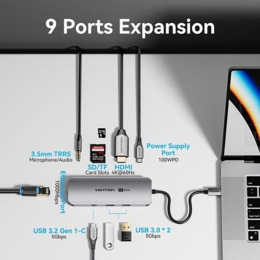 Vention TQMHB USB-C 9-in-1 Docking Station HDMI 4K 60Hz Ethernet PD