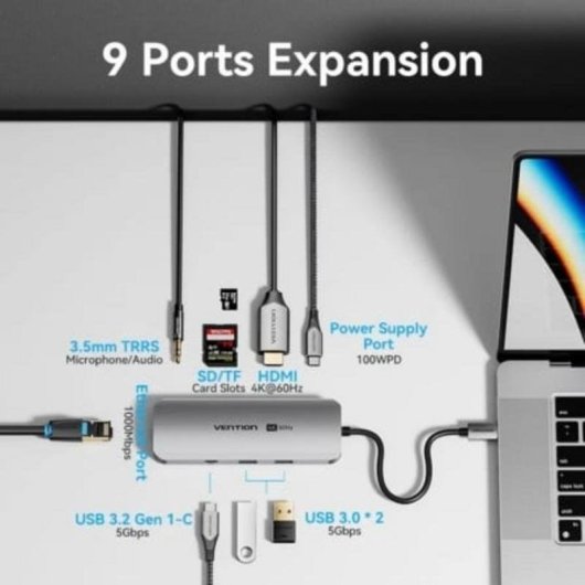 Vention TQMHB USB-C 9-in-1 Docking Station HDMI 4K 60Hz Ethernet PD