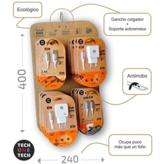 Expositor de cargadores GaN y cables Tech One Tech con 4 ganchos y 16 productos