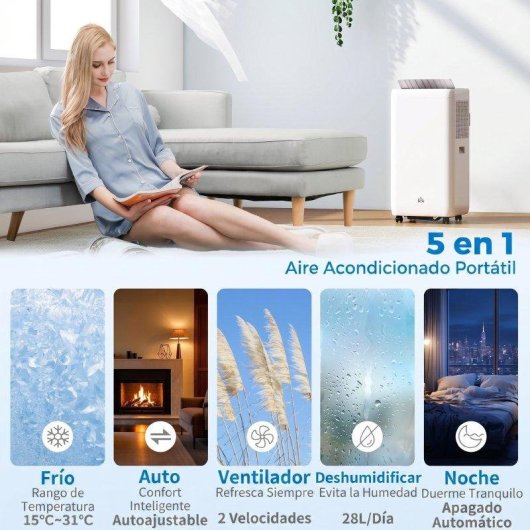 Aire Acondicionado Portátil Welltin 12000 BTU 3,5 kW 2 Velocidades Temporizador Mando a Distancia