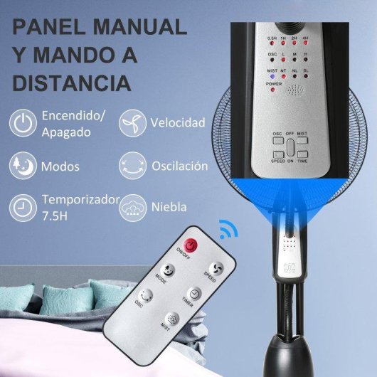Ventilador de Pie Welltin T1008-01-03074 90W 3 Velocidades Nebulizador Oscilante con Mando