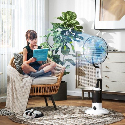 Ventilatore a Piantana Nebulizzatore Welltin 90W 3 Velocità 5 Pale Serbatoio 2,8L Bianco