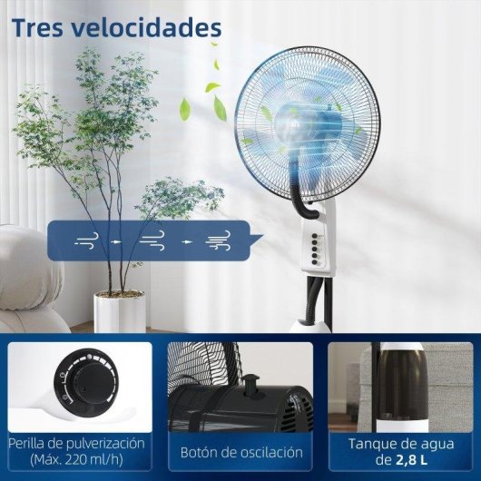 Ventilatore a Piantana Nebulizzatore Welltin 90W 3 Velocità 5 Pale Serbatoio 2,8L Bianco