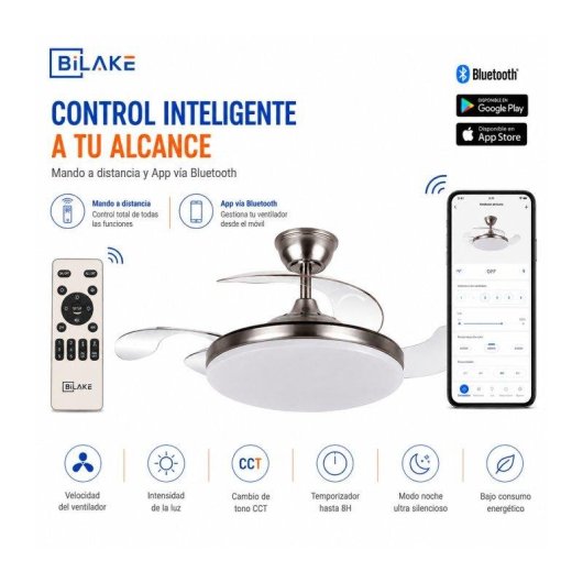 Ventilador de Techo con Luz Bilake Two 50W 108cm Motor DC Aspas Retráctiles Bluetooth Silencioso