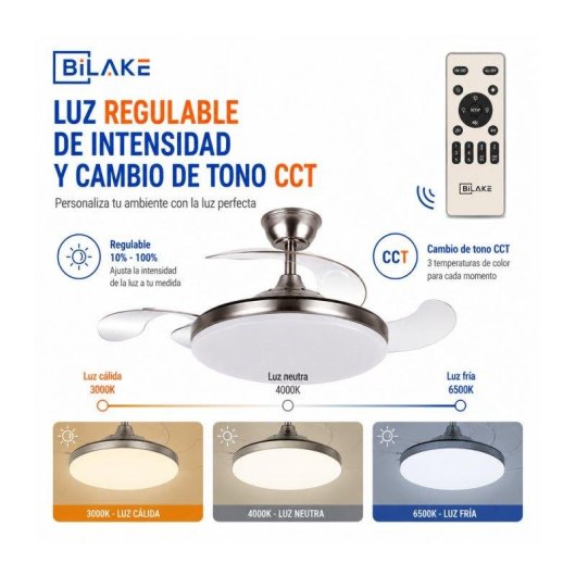 Ventilador de Techo con Luz Bilake Two 50W 108cm Motor DC Aspas Retráctiles Bluetooth Silencioso