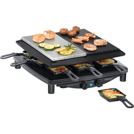 Raclette Steba RC 4 PLUS con 8 sartenes y placa de hierro fundido
