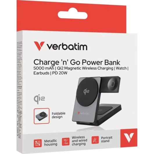 Batería externa Verbatim Qi2 Inalámbrica 5000 mAh Power Delivery 3.0 20W Gris
