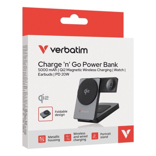 Batería externa Verbatim Qi2 Inalámbrica 5000 mAh Power Delivery 3.0 20W Gris